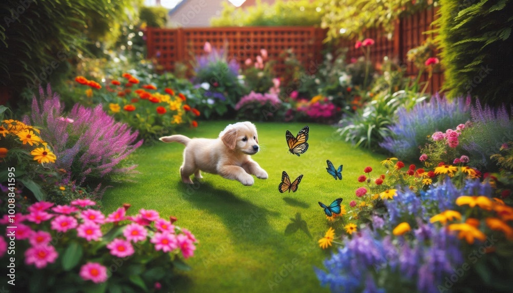 Obraz premium puppy chasing butterflies in the garden
