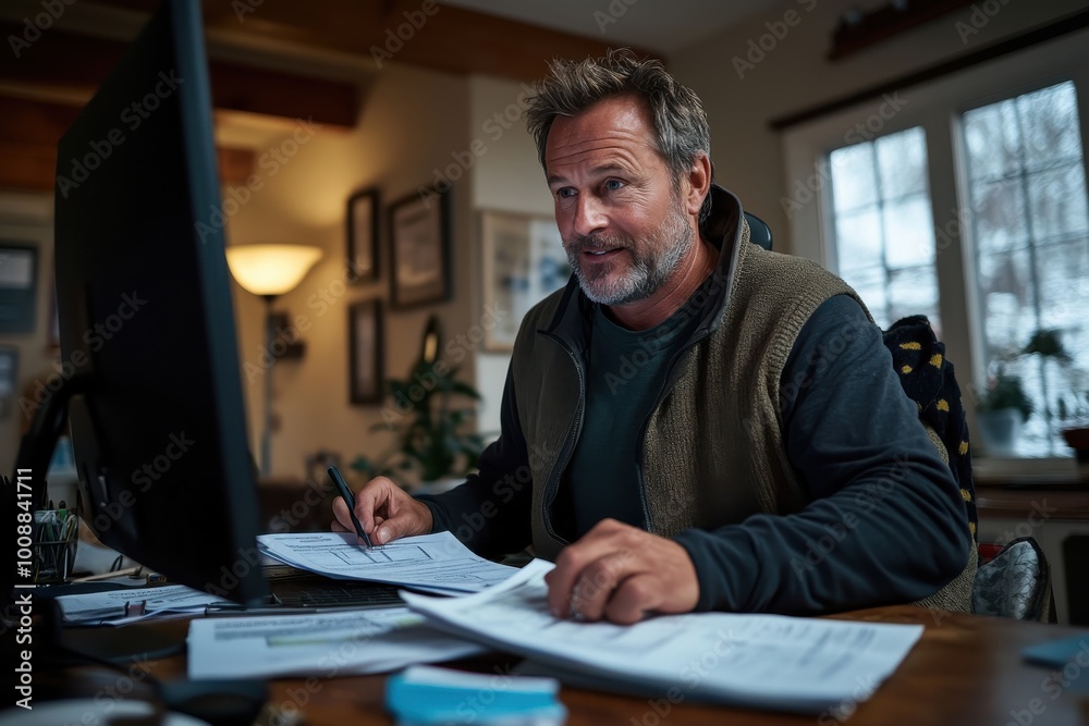 Middle-aged man analyzes paperwork at desk in a warm, inviting home office, surrounded by wooden elements and soft lighting, creating a productive atmosphere. Middle-aged man analyzes paperwork at desk in a warm, inviting home office, surrounded by wooden elements and soft lighting, creating a productive atmosphere.