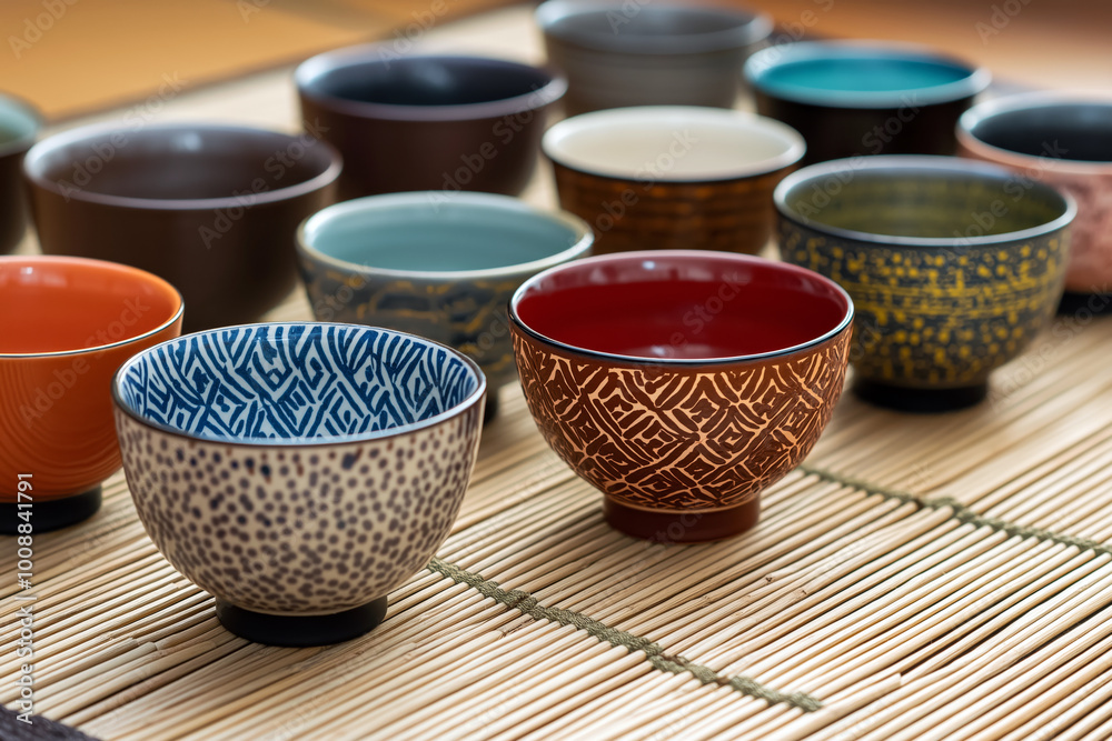 A set of traditional Japanese ceramic tea bowls with intricate patterns, arranged on a bamboo mat. A set of traditional Japanese ceramic tea bowls with intricate patterns, arranged on a bamboo mat.