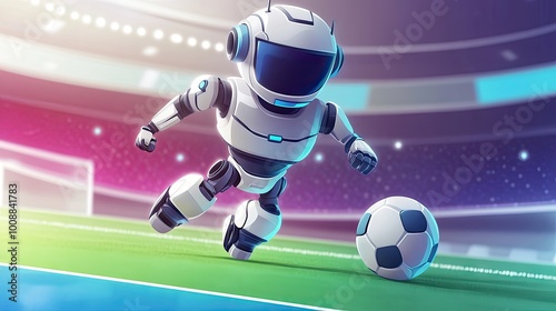 A cartoon robot dribbling a soccer ball on a colorful field, with a dynamic pose and plenty of space for copy or branding.