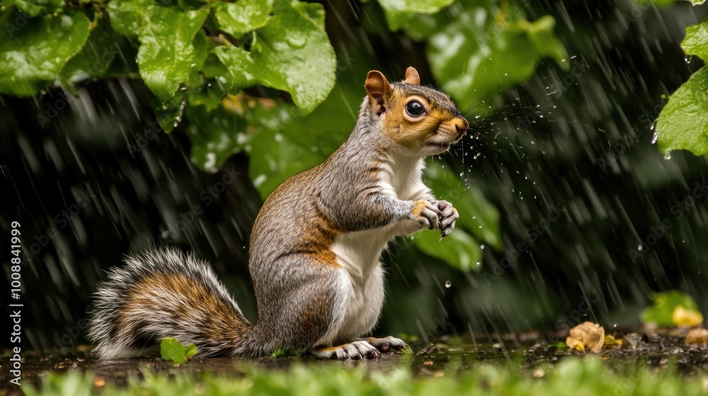 Obraz premium A squirrel stands in the rain, showcasing its fur and surroundings in a natural setting.