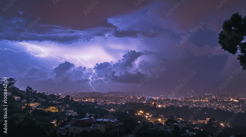 Fototapeta premium Lightning Strike Over a Nighttime Cityscape