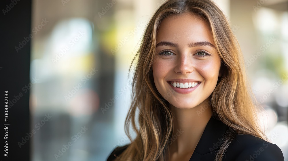Confident Smiling Businesswoman in Modern Office Setting for Professional Use Confident Smiling Businesswoman in Modern Office Setting for Professional Use