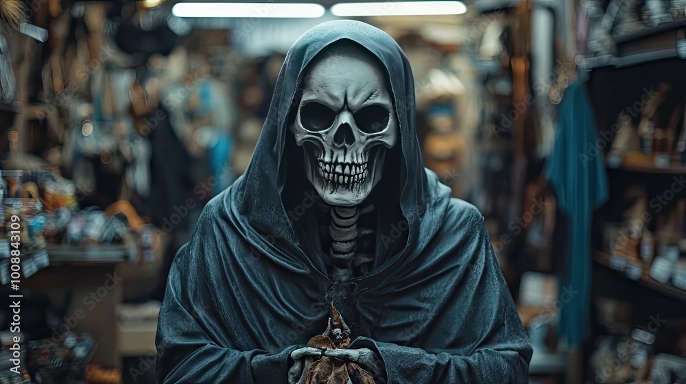 A fun and spooky grim reaper browsing items in a shop, with a neutral background and ample copy space. A fun and spooky grim reaper browsing items in a shop, with a neutral background and ample copy space.