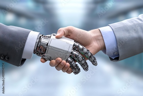 A close-up of a human hand shaking a robotic hand in a modern setting, symbolizing partnership between humans and technology.