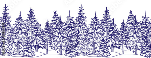 Seamless horizontal pattern winter snowy forest of fir trees in engraving style