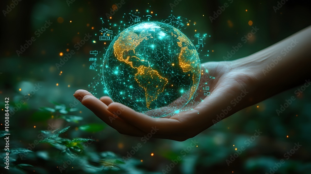 Hand Holding a Glowing Earth with Digital Elements Hand Holding a Glowing Earth with Digital Elements