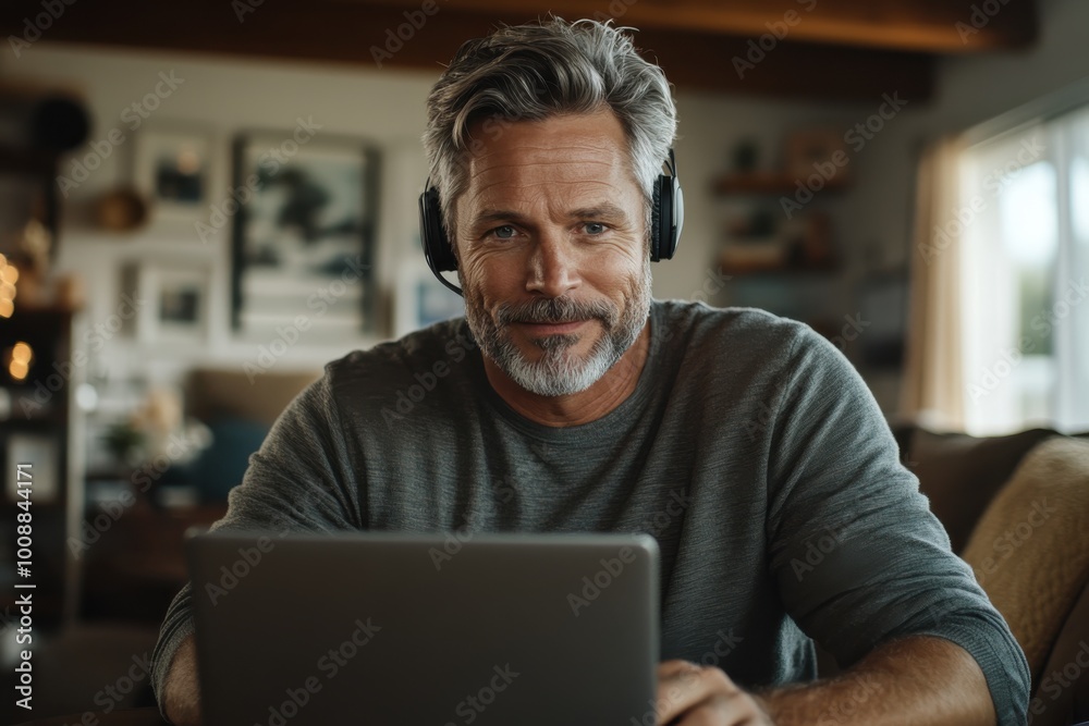 A mature man with gray hair and beard smiles as he sits in a cozy room using a laptop, wearing headphones, and exuding a sense of calm concentration. A mature man with gray hair and beard smiles as he sits in a cozy room using a laptop, wearing headphones, and exuding a sense of calm concentration.