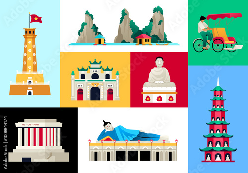 Antiquities and monuments of Vietnam - set of flat design style colorful illustrations