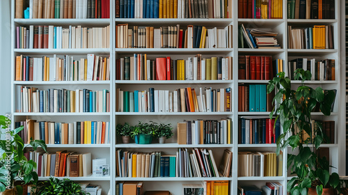 Ein Bücherregal mit Nachschlagewerken und Büchern in einem modernen, freundlichen Büroraum, natürliches Licht, einige Pflanzen zwischen den Büchern photo