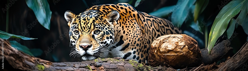 Beautiful jaguar resting on a tree branch, surrounded by lush green foliage in a tropical rainforest. Beautiful jaguar resting on a tree branch, surrounded by lush green foliage in a tropical rainforest.