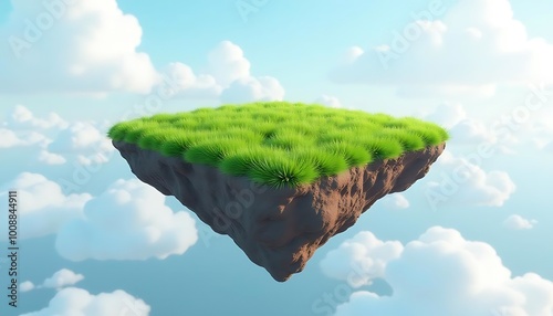 Fototapeta Naklejka Na Ścianę i Meble -  3D picture of a piece of land floating in the sky with clouds and verdant grass