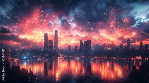 Vibrant City Skyline with Colorful Fireworks Display