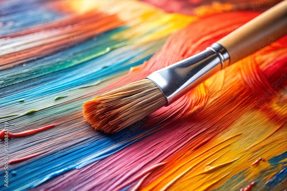 Paintbrush on vibrant palette of oil paints close-up Paintbrush on vibrant palette of oil paints close-up