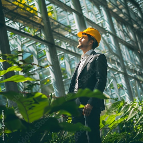 Eco Friendly Construction Site with Businessman Wearing Hard Hat and Inspecting Sustainable Materials photo