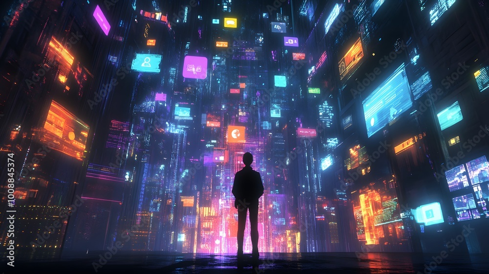 A person standing in the center of an abstract digital cityscape, surrounded by glowing screens and holographic images representing various online services
