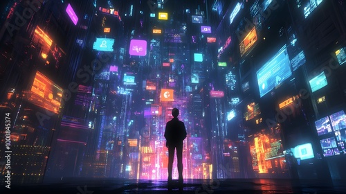 A person standing in the center of an abstract digital cityscape, surrounded by glowing screens and holographic images representing various online services
