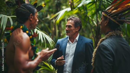 Businessman Meets with Indigenous Leaders to Discuss Sustainable Resource Management in Rainforest Setting photo