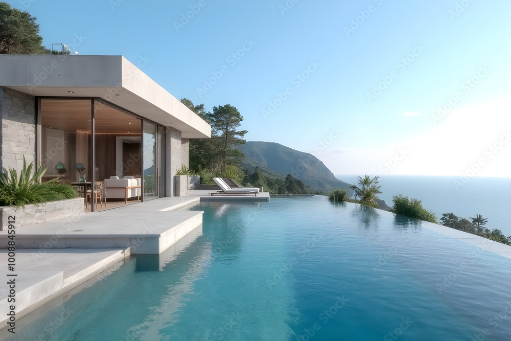 Fototapeta premium With its infinity pool overlooking the sea, this villa is a modern masterpiece