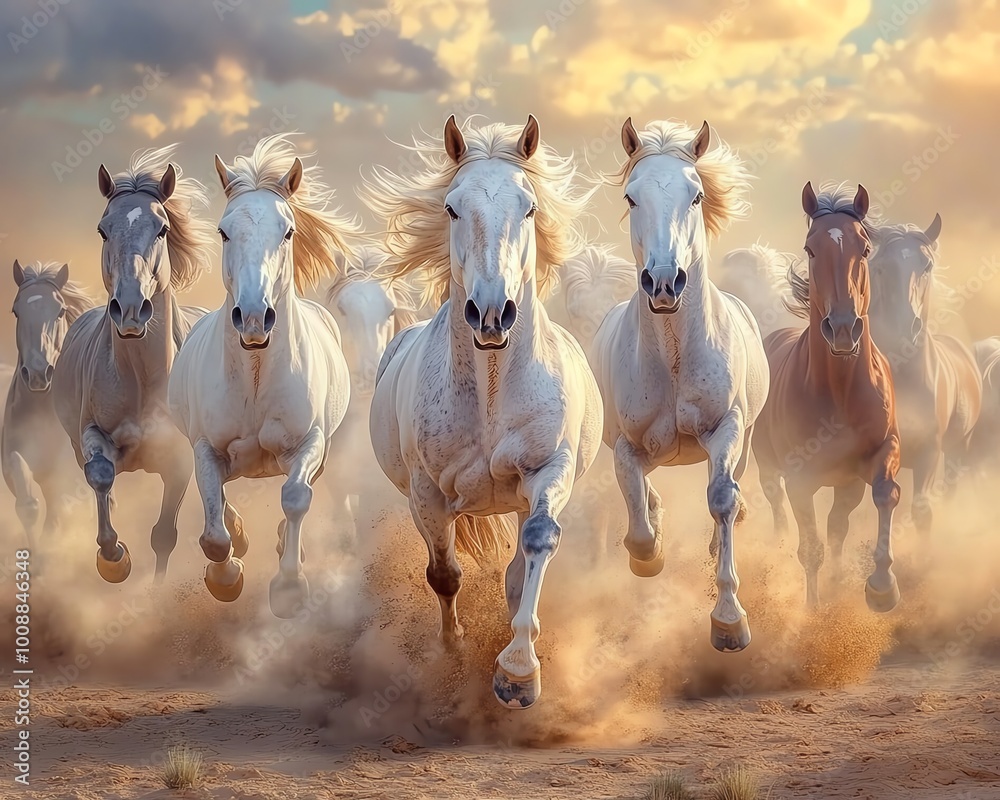 Majestic horses running freely in the desert at sunset, creating clouds of dust beneath their hooves. Wild and beautiful nature scene. Majestic horses running freely in the desert at sunset, creating clouds of dust beneath their hooves. Wild and beautiful nature scene.