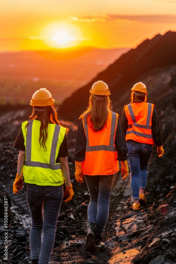 Three Female Workers Walking at Sunset, Industrial Landscape, Teamwork, Collaboration, Concept Three Female Workers Walking at Sunset, Industrial Landscape, Teamwork, Collaboration, Concept
