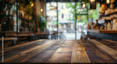 A cozy wooden tabletop with a blurred cafe interior in daylight