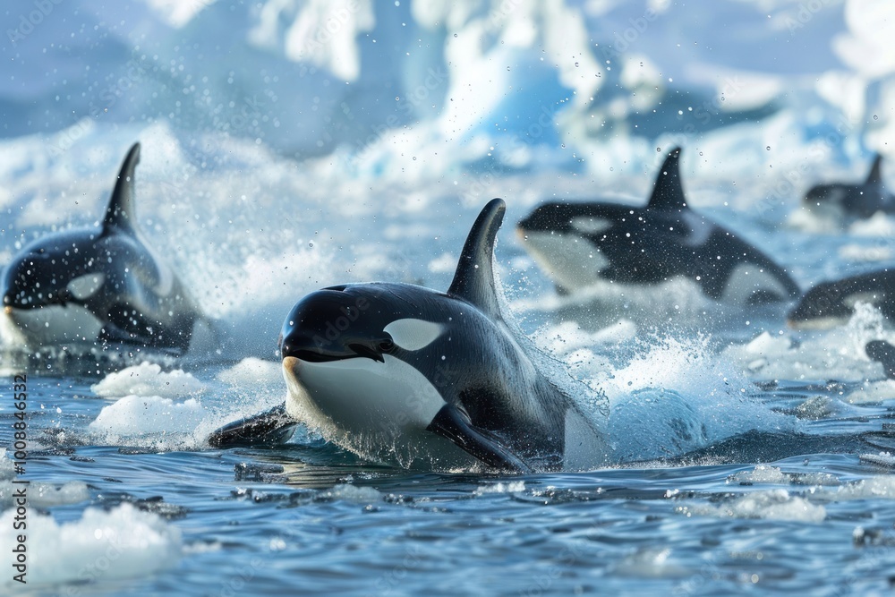 Fototapeta premium Orcas swimming icy waters