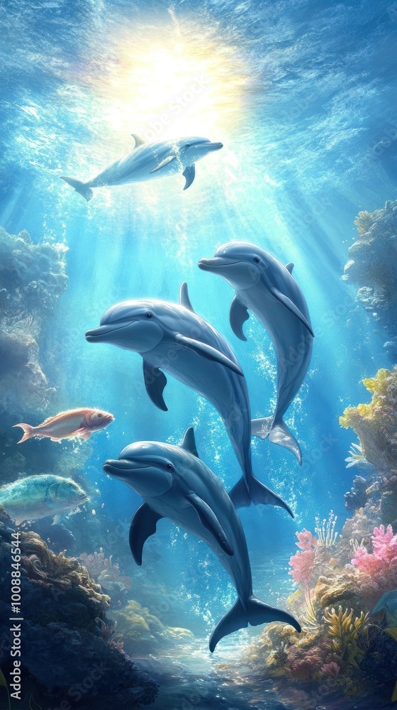 Fototapeta premium A serene underwater scene featuring dolphins swimming amidst colorful coral and fish.