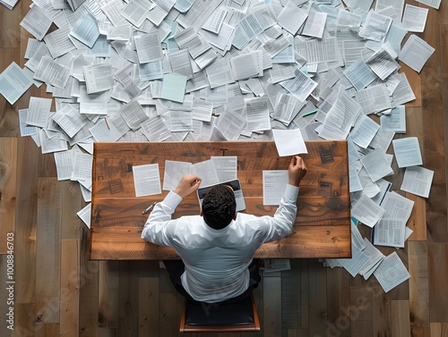 Businessman Surrounded by Financial Documents Representing Accumulated Investments photo