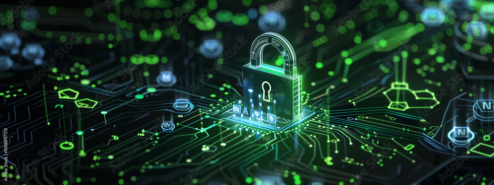 A motherboard with bright green connections and a holographic padlock in the center. Security, privacy, protection, personal data, and encryption. A motherboard with bright green connections and a holographic padlock in the center. Security, privacy, protection, personal data, and encryption.