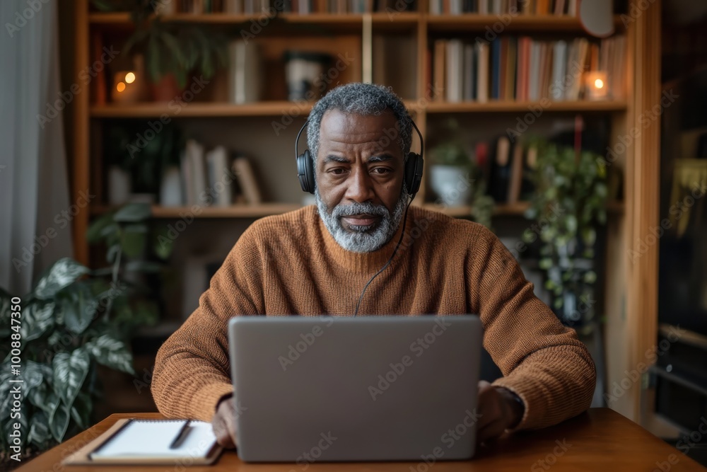 An elderly man with a gray beard wears headphones and works intently on a laptop, surrounded by a serene study filled with books and houseplants. An elderly man with a gray beard wears headphones and works intently on a laptop, surrounded by a serene study filled with books and houseplants.