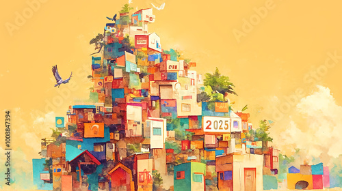 A vibrant mountain of stacked houses with trees and birds against a golden sky
