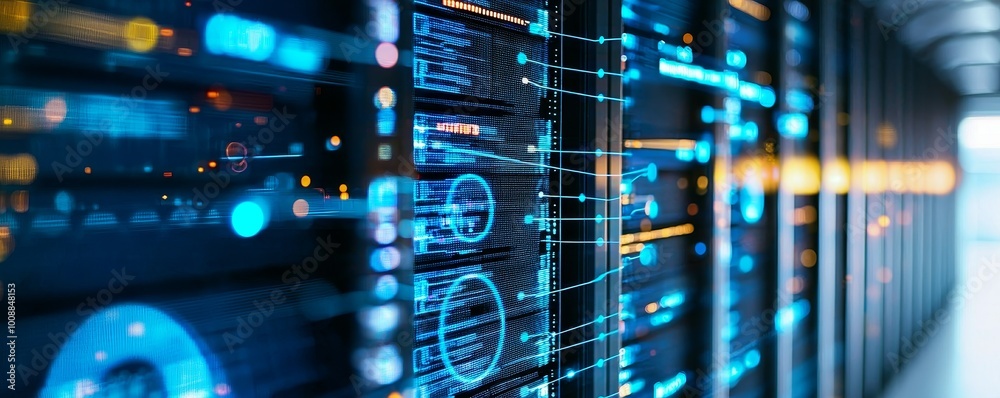 Naklejka premium Futuristic data center with vibrant digital displays and server panels.