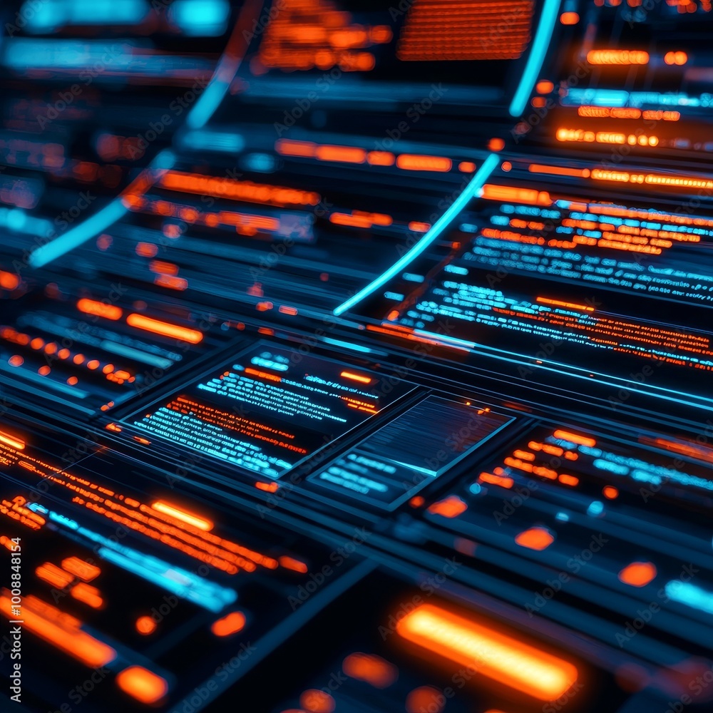 Futuristic data interface with glowing blue and orange elements, dark background. Futuristic data interface with glowing blue and orange elements, dark background.