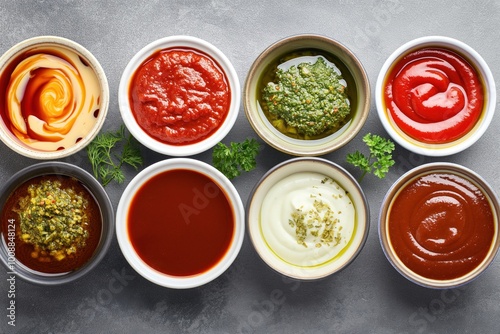 Grey table with many different sauces in bowls. Various condiments including aioli, mayonnaise, pesto, and mustard. Flat lay composition of culinary delights, healthy food, and organic ingredients.