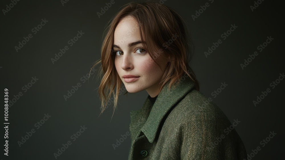Elegant Young Woman in Green Coat with Confident Gaze Elegant Young Woman in Green Coat with Confident Gaze