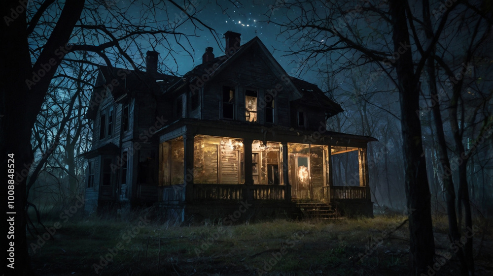 Illuminated House by Flashlight in Spooky Forest