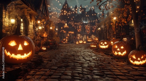 Fototapeta Naklejka Na Ścianę i Meble -  A Halloween street party in a small town square, with glowing jack-o'-lanterns lining the cobblestone streets and eerie decorations.
