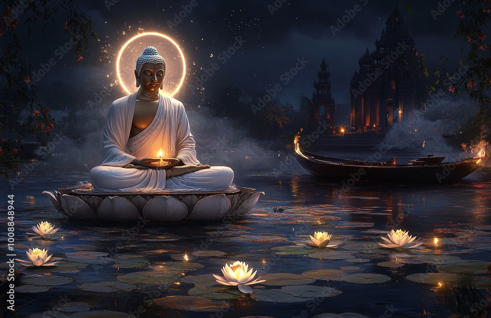 Buddha sitting cross-legged on a lotus, holding a candle in his hand with a boat behind him and a temple behind that. Buddha sitting cross-legged on a lotus, holding a candle in his hand with a boat behind him and a temple behind that.