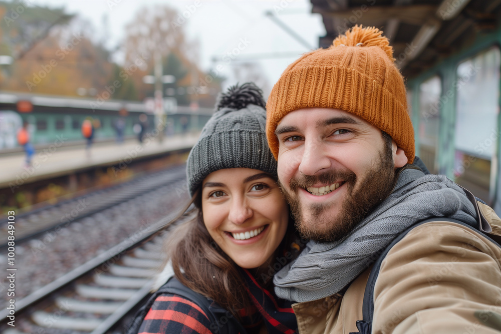 Joyful couple taking a selfie on a train platform in autumn, capturing travel memories. Joyful couple taking a selfie on a train platform in autumn, capturing travel memories.
