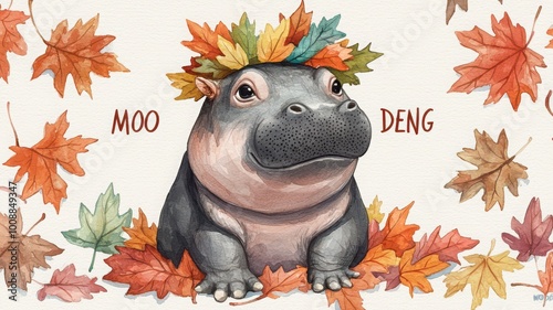 Cute hippo with a leafy crown on a backdrop of colorful autumn leaves. photo