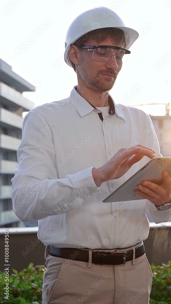 Male architectural engineer, wearing a white shirt and hard hat, is using a digital tablet while inspecting a building site at sunrise, front and vertical view. Construction and engineering Male architectural engineer, wearing a white shirt and hard hat, is using a digital tablet while inspecting a building site at sunrise, front and vertical view. Construction and engineering
