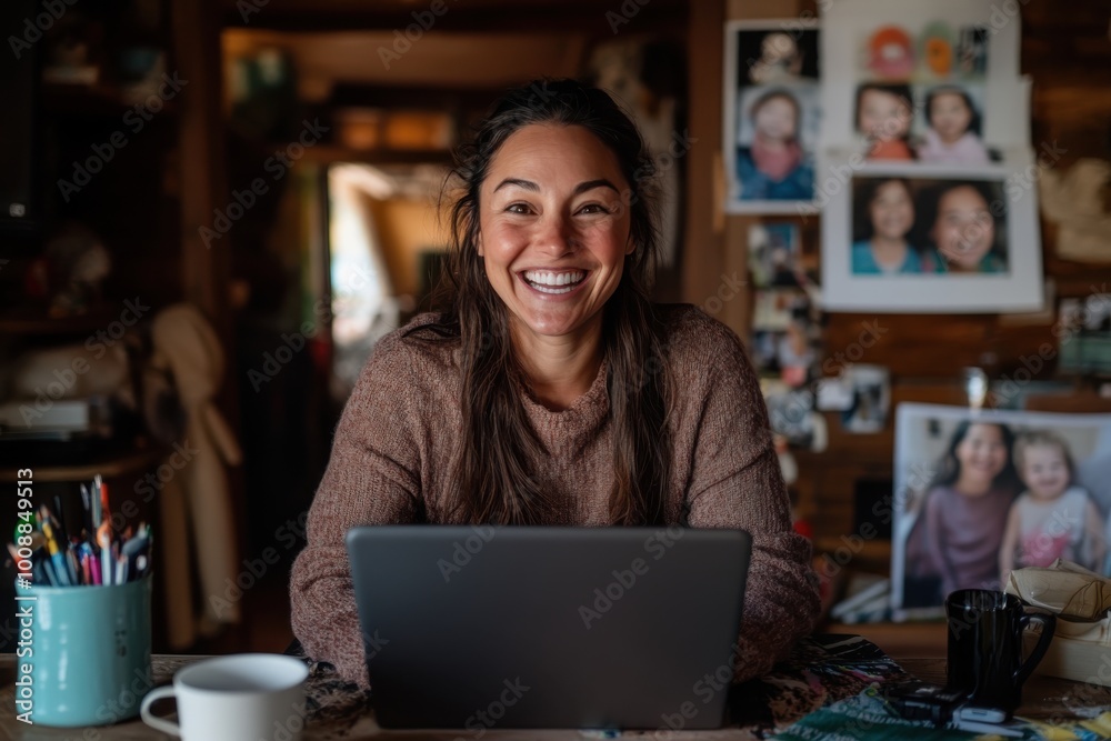 A happy woman sits at her laptop in a rustic room filled with personal photographs, exuding warmth and a strong connection to loved ones. A happy woman sits at her laptop in a rustic room filled with personal photographs, exuding warmth and a strong connection to loved ones.