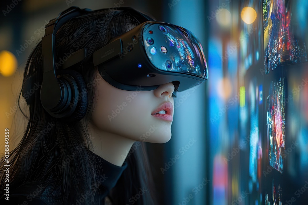 a woman immersed in a virtual reality experience highlighting the potential of future technology with a modern aesthetic that emphasizes innovation a woman immersed in a virtual reality experience highlighting the potential of future technology with a modern aesthetic that emphasizes innovation
