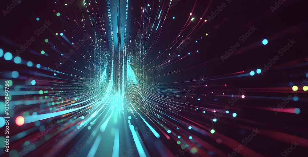 Fototapeta premium Electrical impulse, binary code. Futuristic wave. Neon Streaming. Data stream 3D illustration. Data funnel stream technology. Cyberpunk funnel