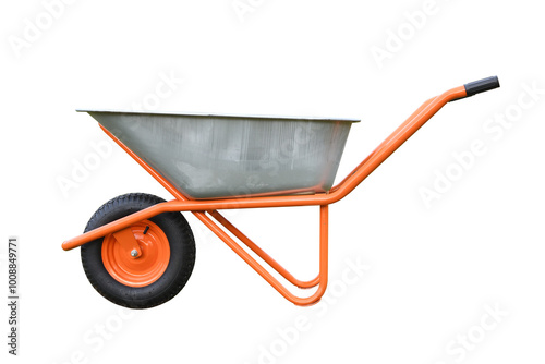 New one-wheeled metal wheelbarrow with orange frame isolated on white background. photo
