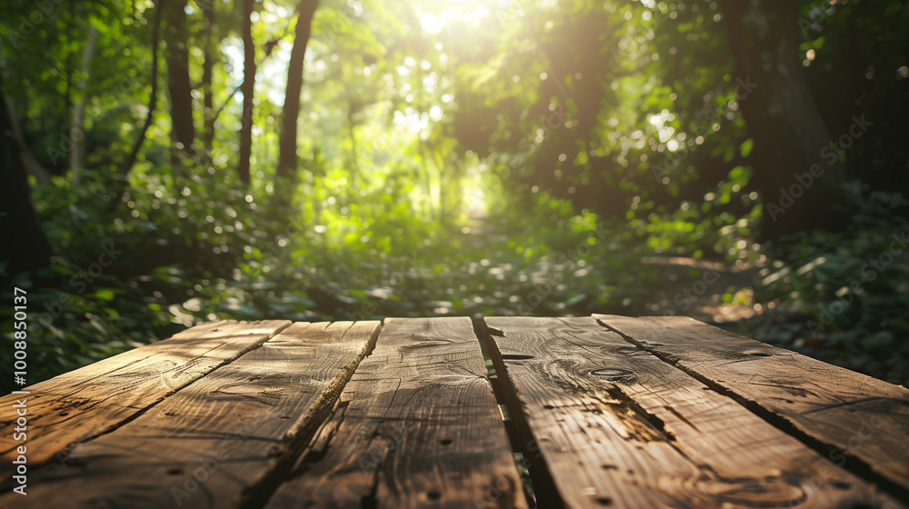 Wooden platform in a forest bathed in morning sunlight, tranquil and natural scenery. Wooden platform in a forest bathed in morning sunlight, tranquil and natural scenery.