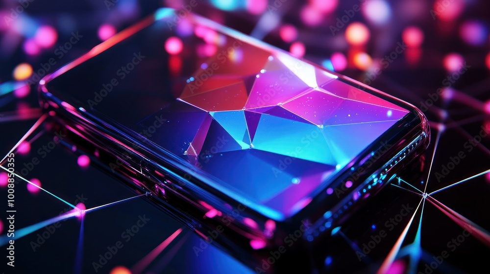 A Modern Smartphone with a Geometrically Patterned Screen, Reflecting Neon Lights A Modern Smartphone with a Geometrically Patterned Screen, Reflecting Neon Lights