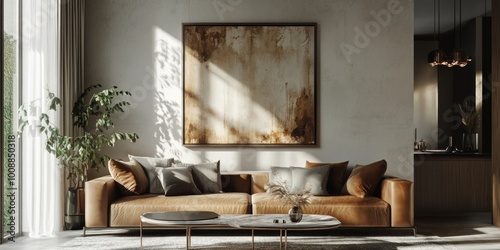 Modern Living Room with Brown Sofa and Abstract Wall Art