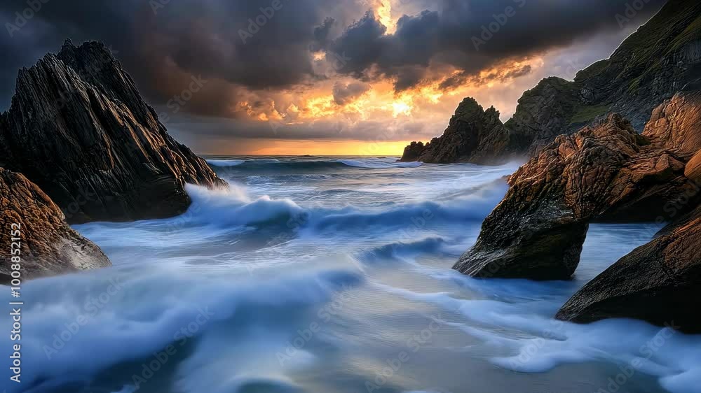 Majestic ocean waves crashing against rugged rocks during a breathtaking sunset Majestic ocean waves crashing against rugged rocks during a breathtaking sunset